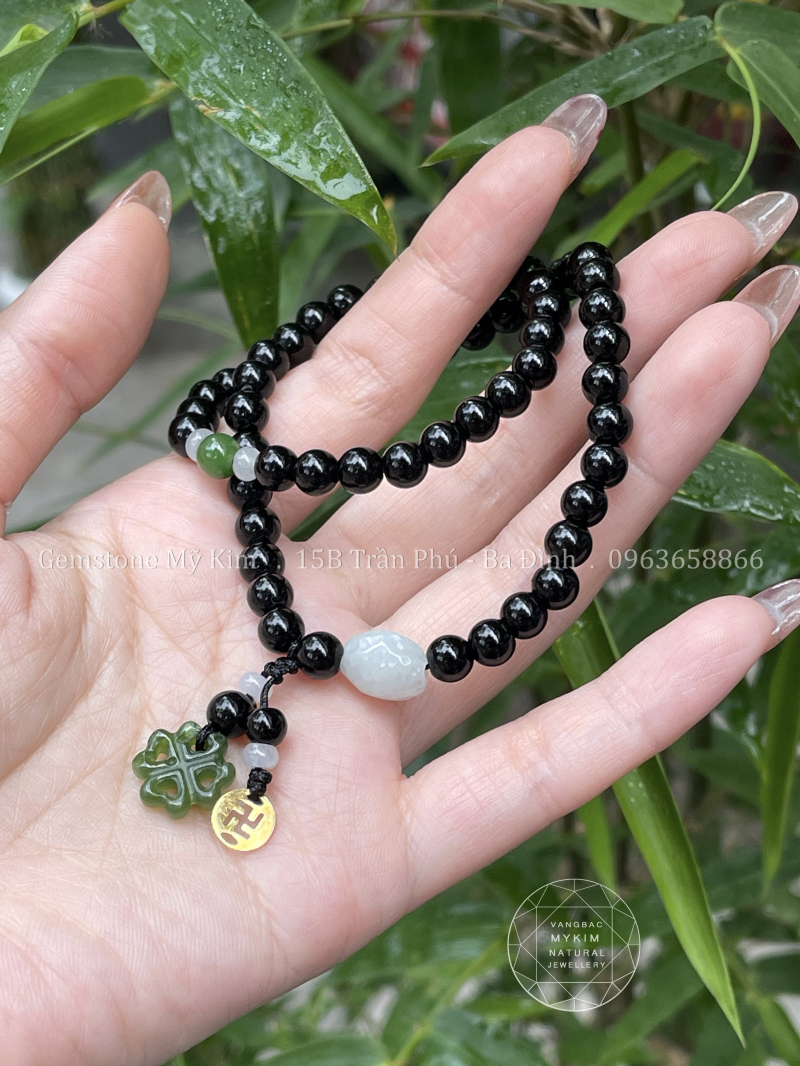 Chuỗi Vòng Mã Não Đen mix Ngọc Jadeite - Ngọc Bích VIP - Vàng 10k