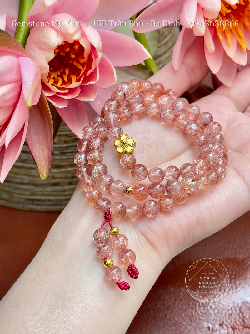 Chuỗi Thạch Anh Hồng Vân - Charm Hoa Mai Vàng 