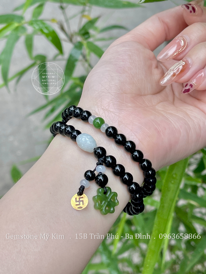 Chuỗi Vòng Mã Não Đen mix Ngọc Jadeite - Ngọc Bích VIP - Vàng 10k