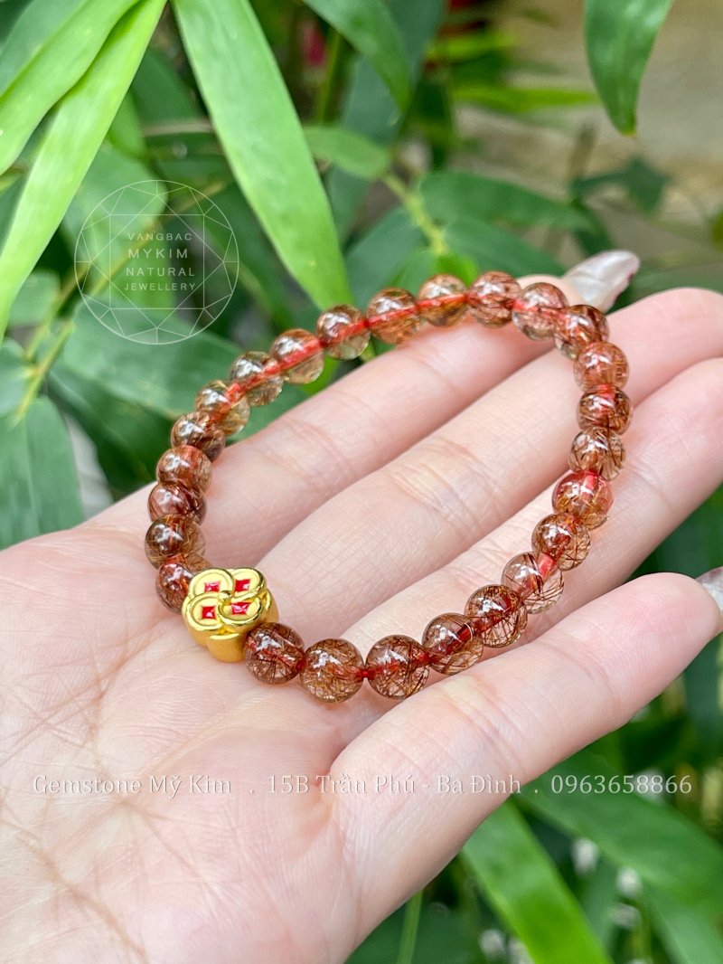 Vòng Thạch Anh Tóc Đỏ Vip - Charm Hoa Mai Vàng 