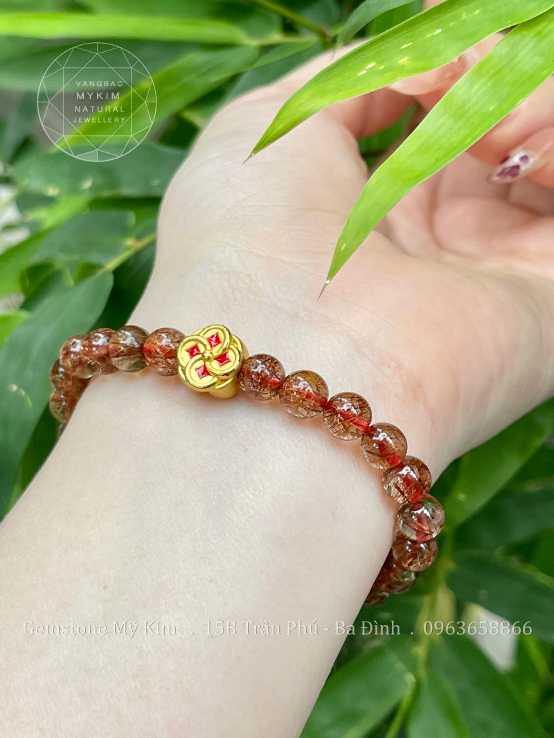 Vòng Thạch Anh Tóc Đỏ Vip - Charm Hoa Mai Vàng