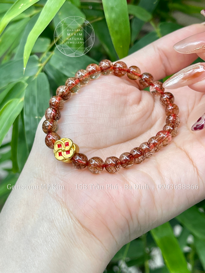 Vòng Thạch Anh Tóc Đỏ Vip - Charm Hoa Mai Vàng 