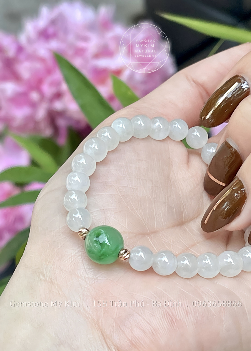 Vòng Băng Ngọc Phỉ Thuý - Jadeite VIP - Bi Vàng Hồng 18k