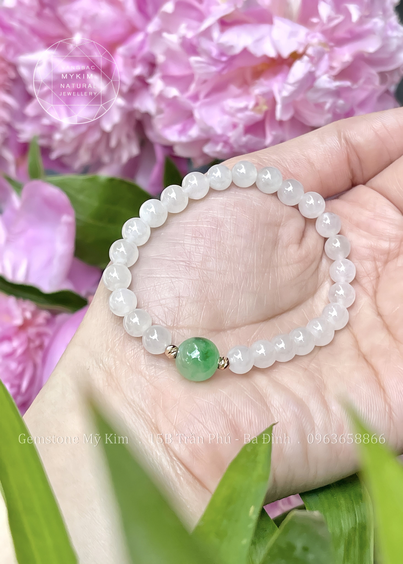 Vòng Băng Ngọc Phỉ Thuý - Jadeite VIP - Bi Vàng Hồng 18k