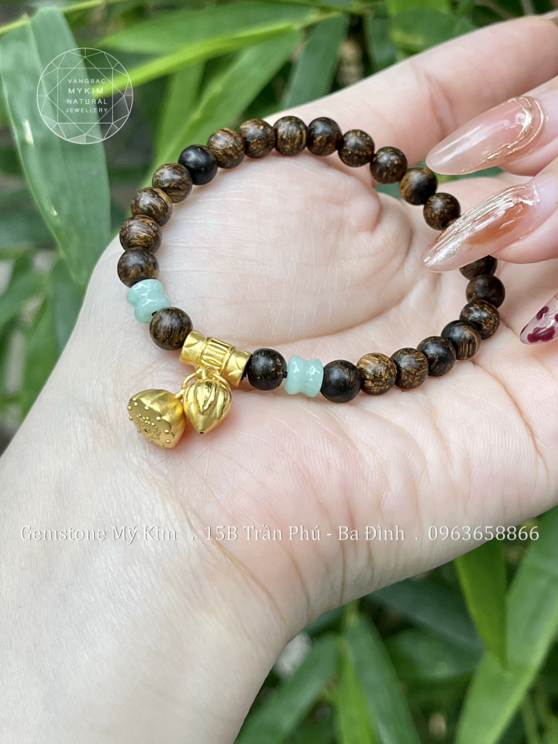 Vòng Trầm Indo mix Ngọc Phỉ Thuý - Hoa Sen Đôi Vàng 