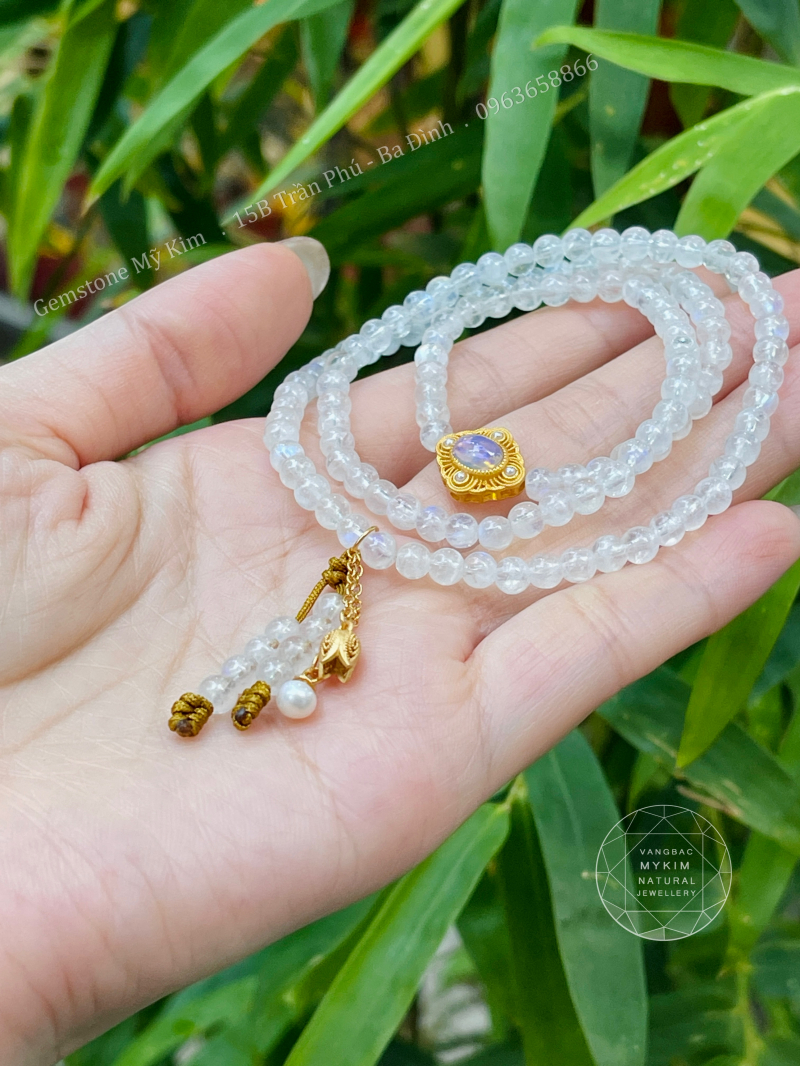 🌕💎 Vòng Đá Mặt Trăng VIP – Quấn 3 Vòng | Charm Opal Đính Ngọc Trai – Bạc Si Vàng Cao Cấp