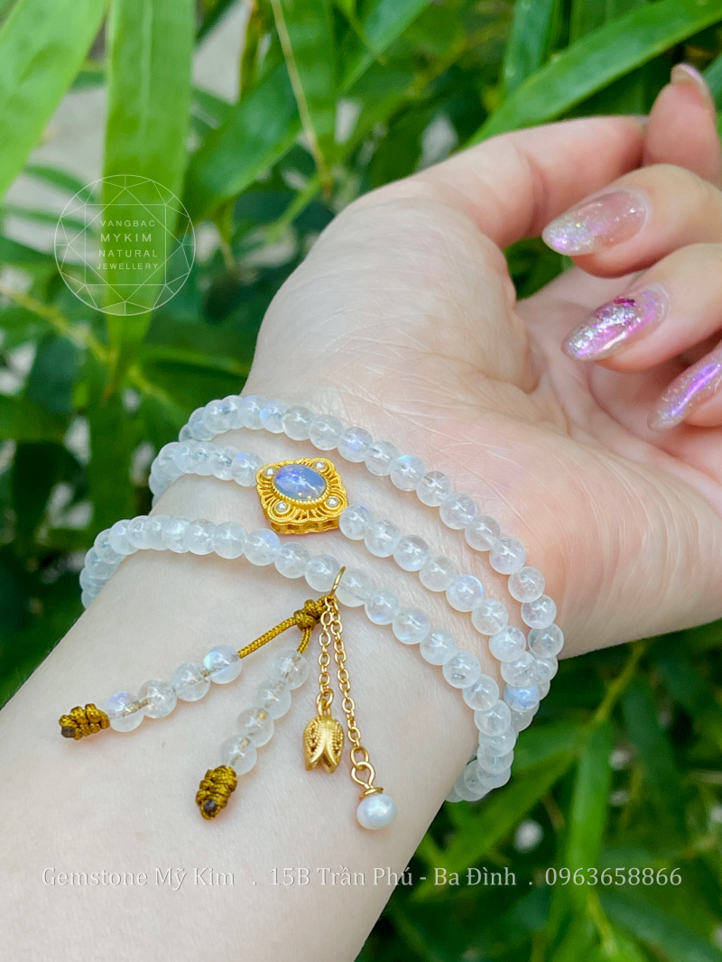 Chuỗi Vòng Đá Mặt Trăng Vip - Charm Opal đính trai Bạc si vàng cao cấp
