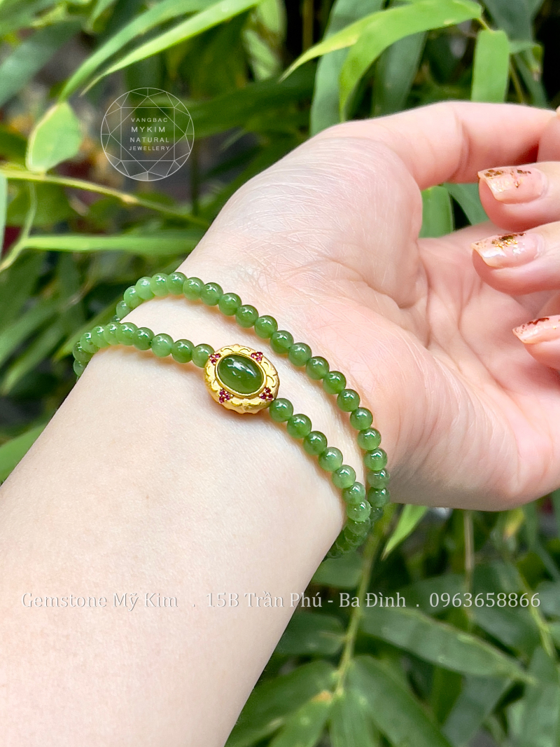 Vòng Ngọc Bích Nephrite – Charm Bầu Dục Bạc Si Vàng • Trang Sức Bình An & Tài Lộc