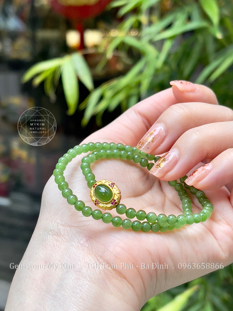 Chuỗi Vòng Ngọc Bích Nephrite - Charm Bầu Dục Bạc si vàng 24k