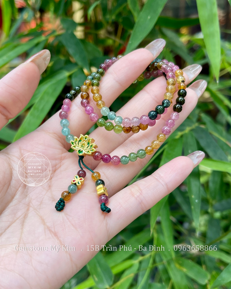 Chuỗi Vòng Đá Tourmaline VIP - Charm Hoa Sen - Cỏ Bốn Lá Vàng 