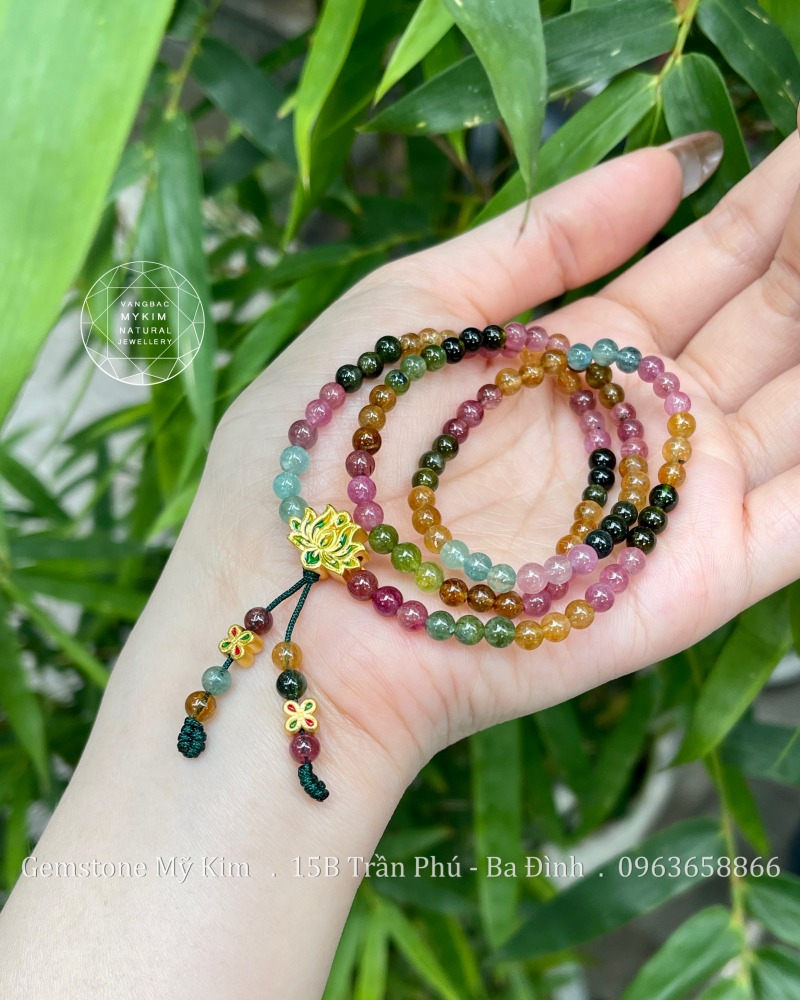 Chuỗi Vòng Đá Tourmaline VIP - Charm Hoa Sen - Cỏ Bốn Lá Vàng 