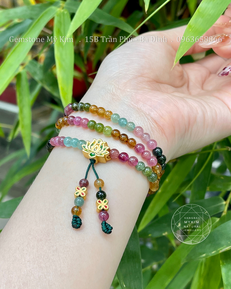 Chuỗi Vòng Đá Tourmaline VIP - Charm Hoa Sen - Cỏ Bốn Lá Vàng 