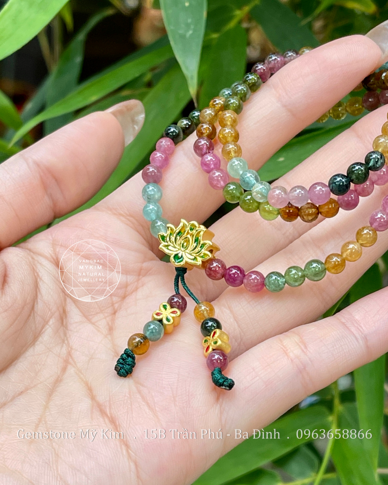 Chuỗi Vòng Đá Tourmaline VIP - Charm Hoa Sen - Cỏ Bốn Lá Vàng 