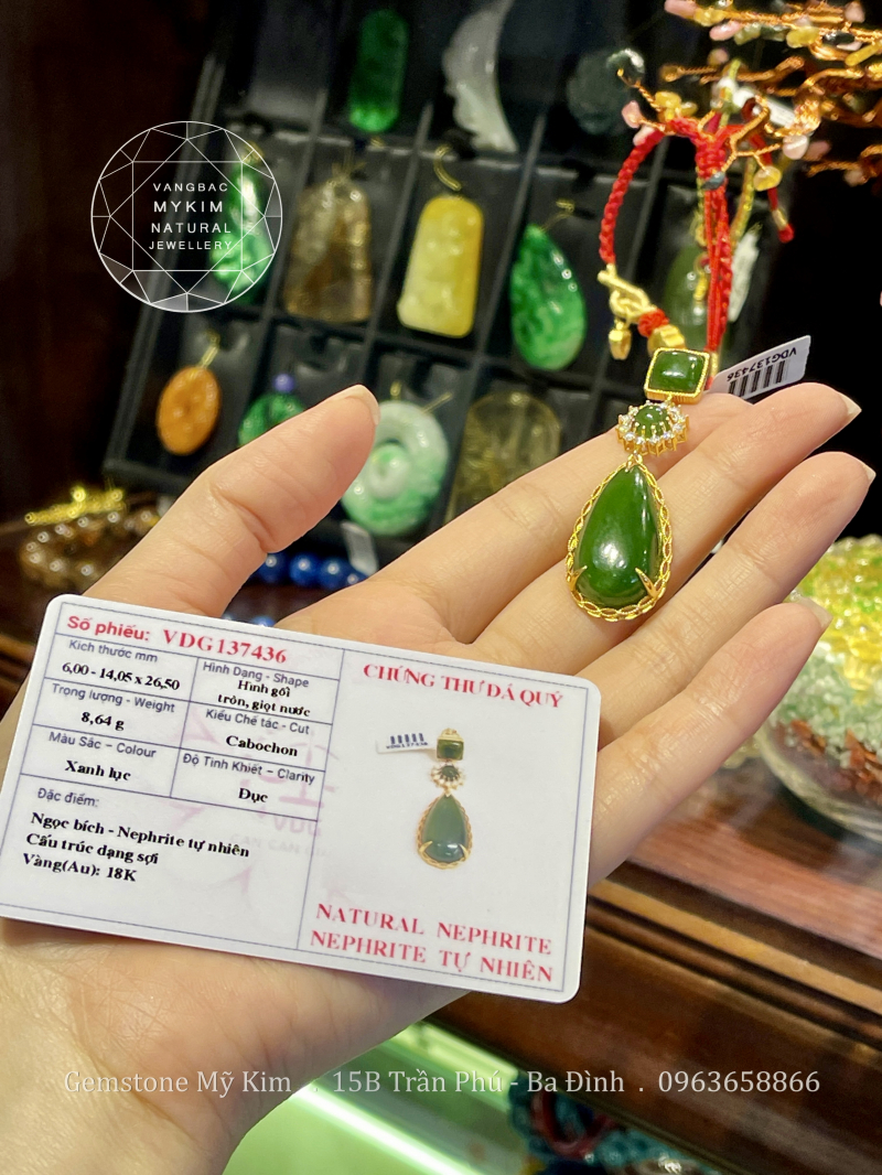 Bông Tai Ngọc Bích Nephrite - Kim cương Moissanite ( 1 chiếc) - Vàng 18k