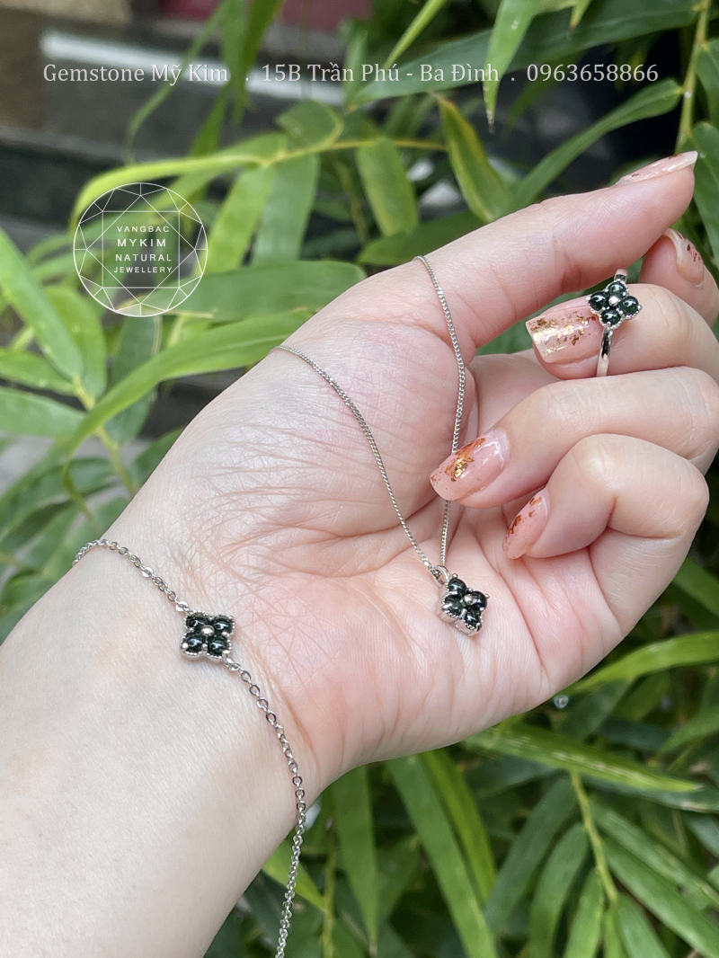 Set Ngọc Phỉ Thúy Cỏ Bốn Lá Xanh Rêu - Bạc 925 si vàng trắng cao cấp