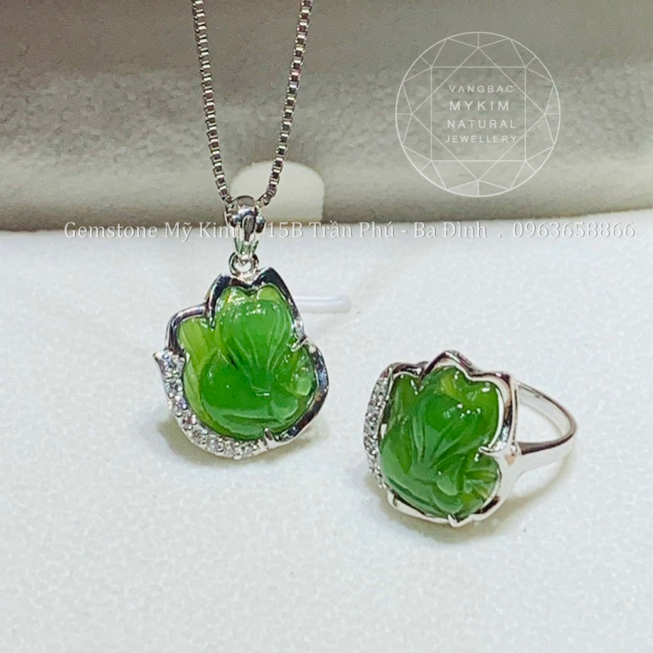  Set Mặt Dây - Nhẫn Hồ Ly Ngọc Bích Nephrite • 💎 Vàng Trắng 14k • Trang Sức Phong Thủy Tài Lộc, Bình An