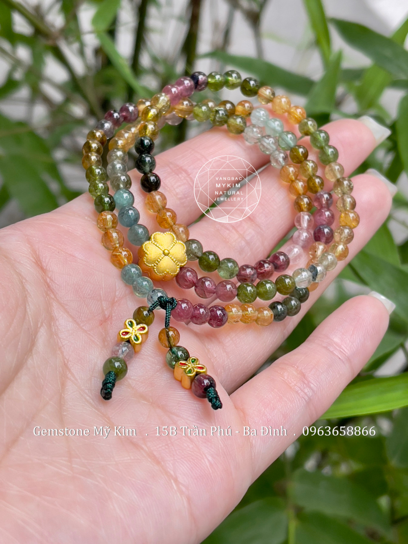 Chuỗi Tourmaline Đa Sắc VIP - Charm Hoa Bốn Lá Vàng