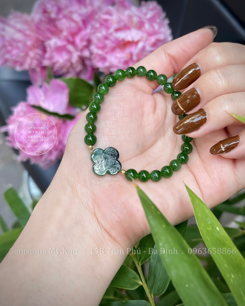 💎 Vòng Ngọc Bích Nephrite 4mm Mix Cỏ Bốn Lá Jadeite • ✨ Vàng 10k • Trang Sức Phong Thủy Tài Lộc, Bình An