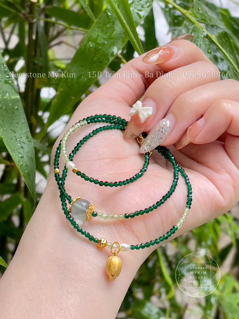 Chuỗi Vòng Thạch Anh Xanh mix Bi Vàng 10k - Charm Bạc si Vàng cao cấp - Ngọc Trai TN