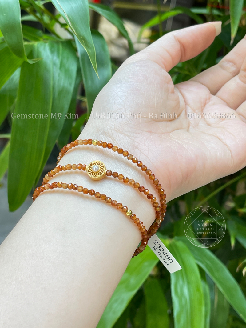 Set Vòng Granat Nâu Cam VIP - Bi Vàng 10k - Charm Bạc mạ vàng 24k cao cấp
