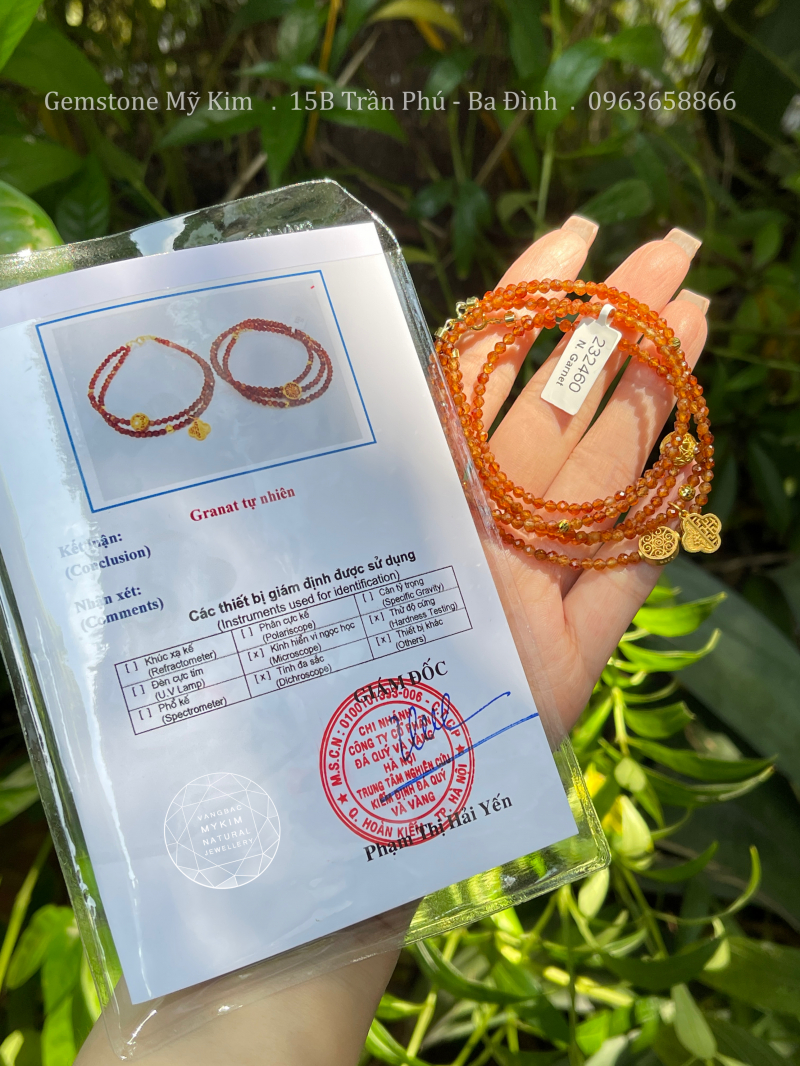 Set Vòng Granat Nâu Cam VIP - Bi Vàng 10k - Charm Bạc mạ vàng 24k cao cấp