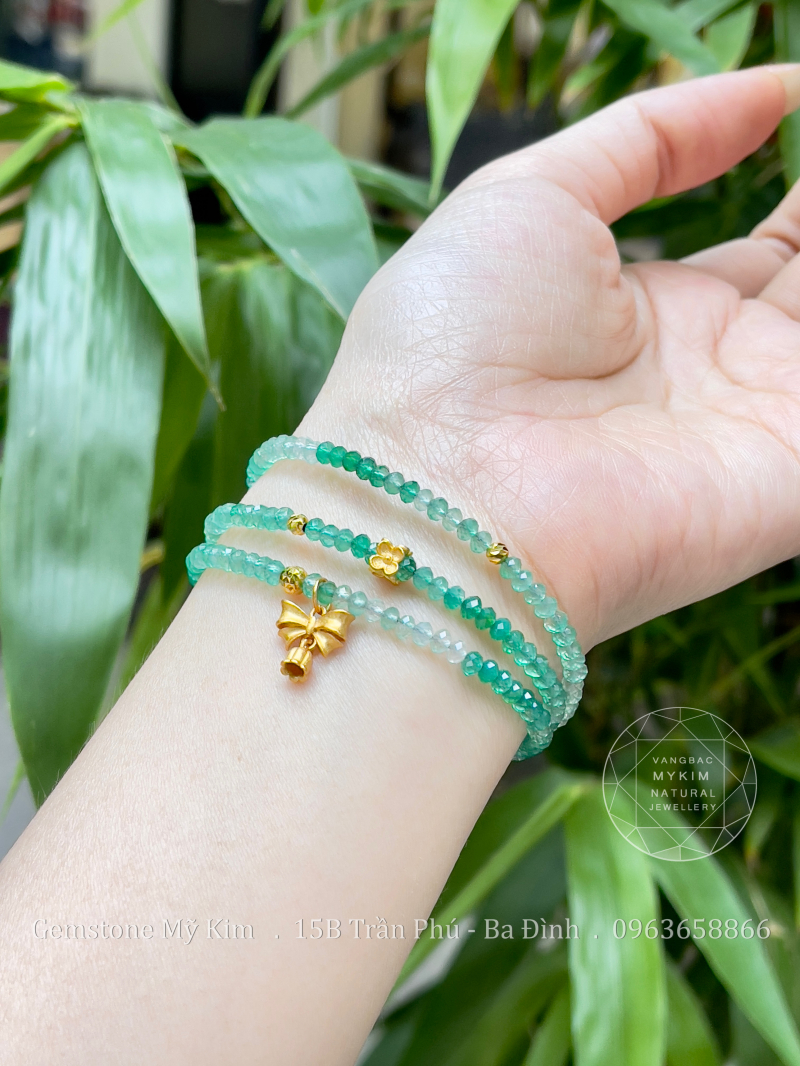 Set 3 Vòng Đá Agate xanh lục bảo mix Bi Vàng 10k - Charm Bạc mạ vàng 