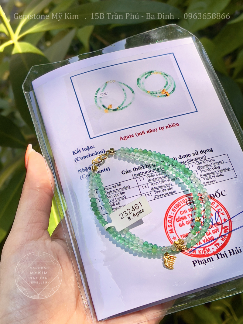 Set 3 Vòng Đá Agate xanh lục bảo mix Bi Vàng 10k - Charm Bạc mạ vàng 24k