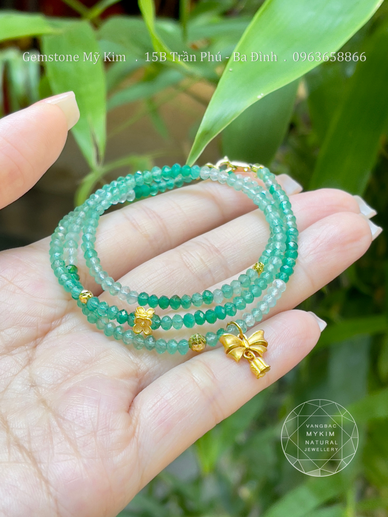 Set 3 Vòng Đá Agate xanh lục bảo mix Bi Vàng 10k - Charm Bạc mạ vàng 