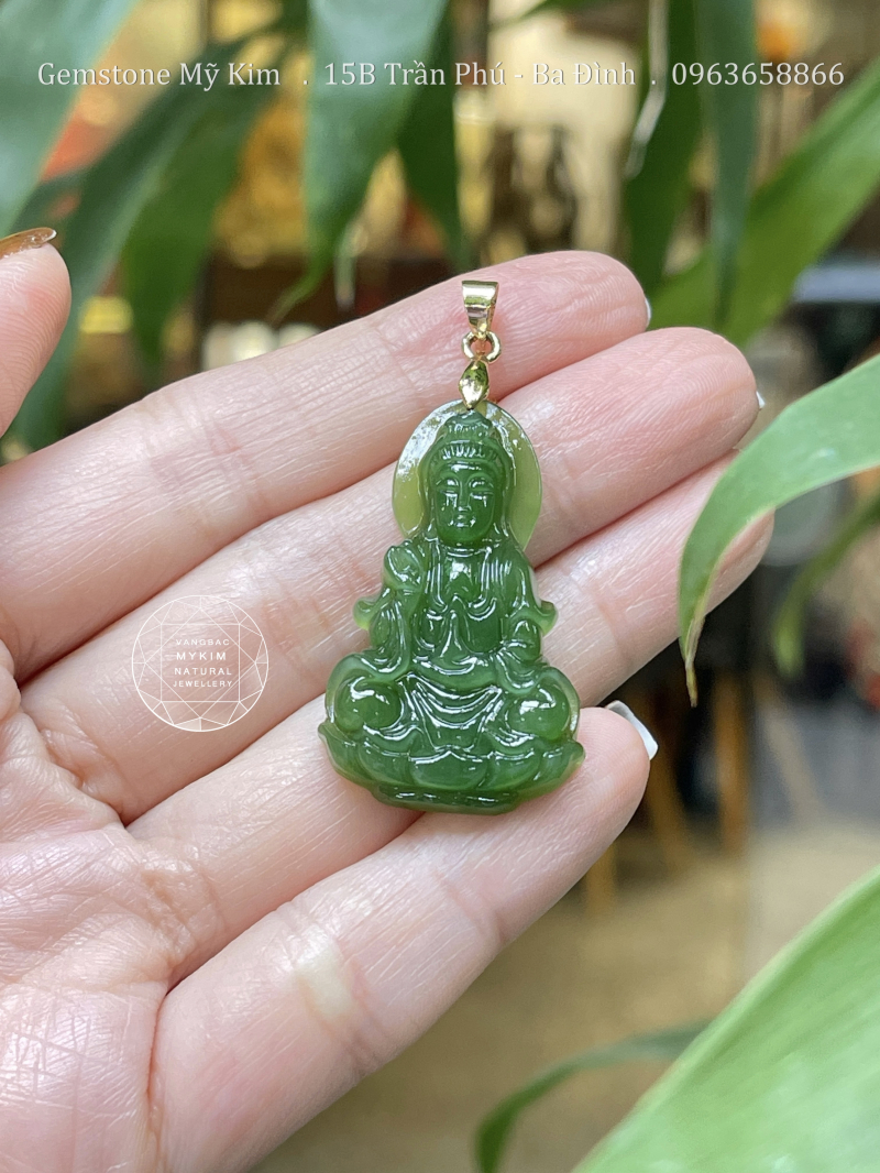 Mặt Dây Phật Bà Quan Âm Ngọc Bích Nephrite • ✨ Móc Vàng 10-14-18k • Trang Sức Phong Thủy Bình An, Từ Bi