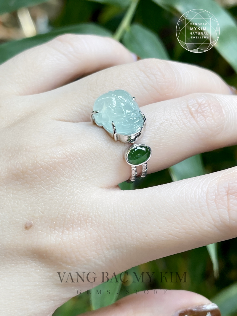 Nhẫn Tỳ Hưu Băng Xanh Phỉ Thuý Jadeite VIP - Vàng Trắng 14k