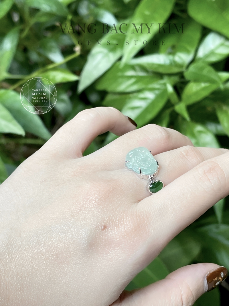 Nhẫn Tỳ Hưu Băng Xanh Phỉ Thuý Jadeite VIP - Vàng Trắng 14k