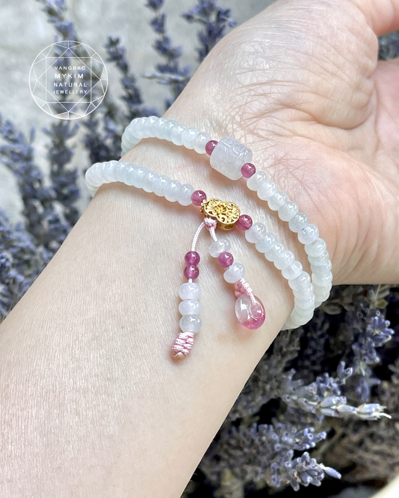 💫 Vòng Băng Ngọc Phỉ Thúy – Jadeite VIP mix Vàng 18k & Tourmaline Hồng