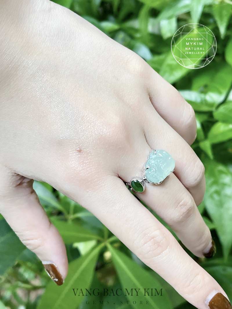 Nhẫn Tỳ Hưu Băng Xanh Phỉ Thuý Jadeite VIP - Vàng Trắng 14k
