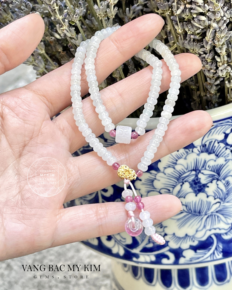 💫 Vòng Băng Ngọc Phỉ Thúy – Jadeite VIP mix Vàng 18k & Tourmaline Hồng