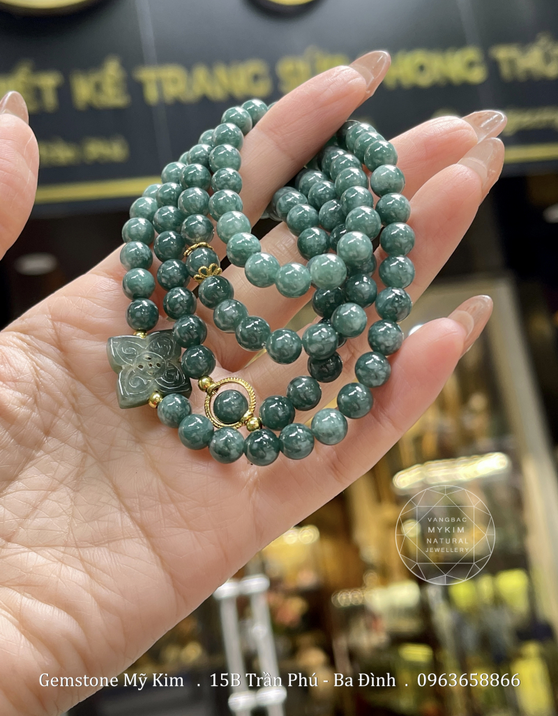 🍃 Vòng Lam Ngọc Phỉ Thúy Cỏ Bốn Lá điêu khắc – Jadeite VIP – PK Bi Vàng 10k | Trang Sức Phong Thủy May Mắn