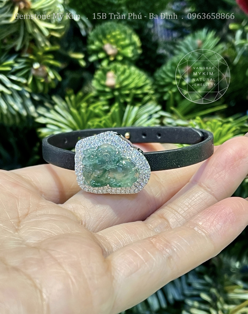 Dây Da Tỳ Hưu Jadeite Vip Hoa Bay - Vàng Trắng 14k Kim Cương Moissanite