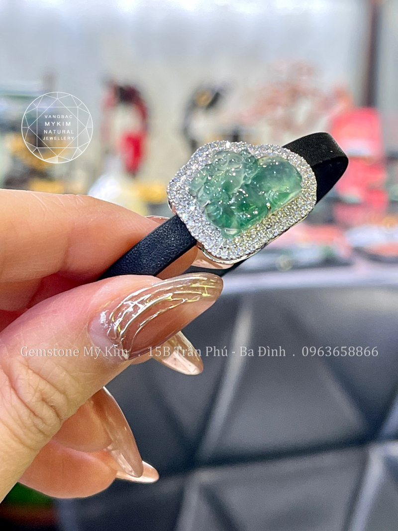 Dây Da Tỳ Hưu Jadeite Vip Hoa Bay - Vàng Trắng 14k Kim Cương Moissanite