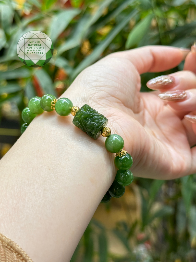 Vòng Ngọc Bích Nephrite mix Charm Điêu Khắc - Vàng 10k