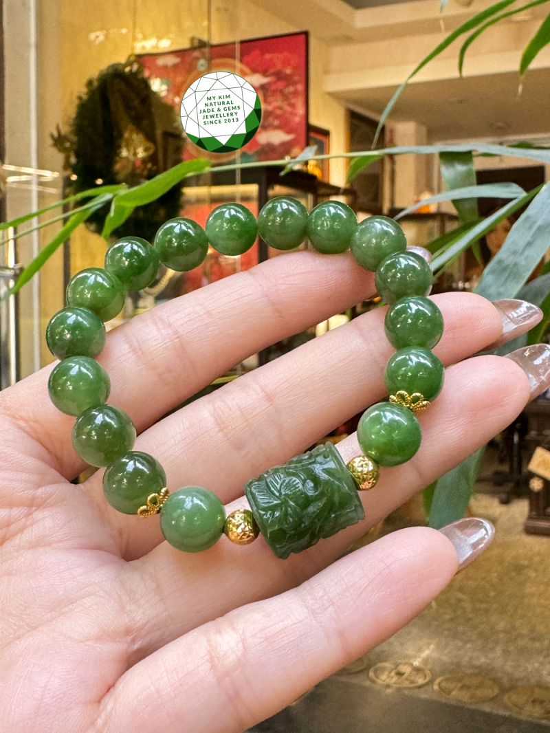 Vòng Ngọc Bích Nephrite Mix Charm Điêu Khắc • ✨ Vàng 10k • Trang Sức Phong Thủy Tài Lộc, Bình An