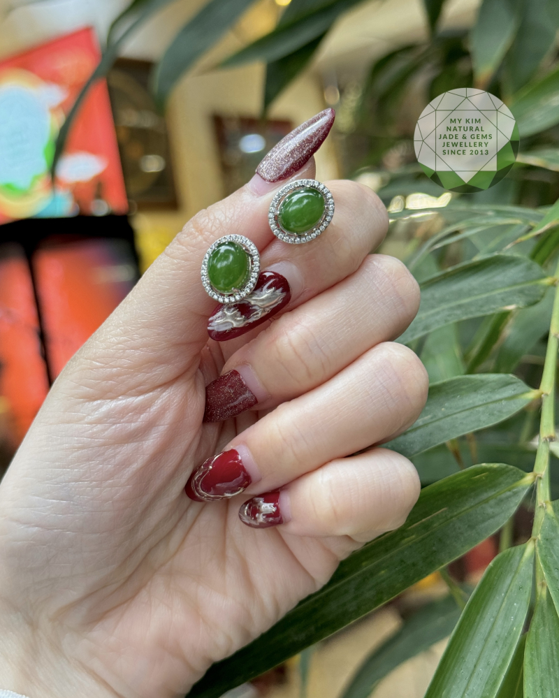 Bông Tai Ngọc Bích Nephrite viên bầu dục - Silver&Gold