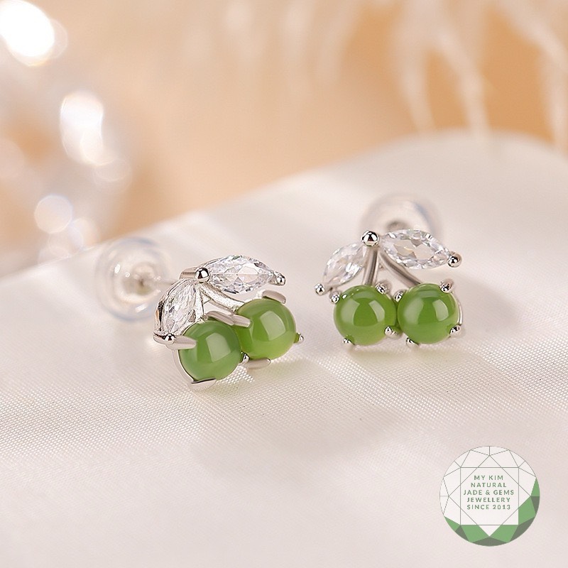 Bông Tai Cherry Ngọc Bích Nephrite • ✨ Bạc Si Vàng Trắng • Trang Sức Phong Thủy Tài Lộc, Bình An