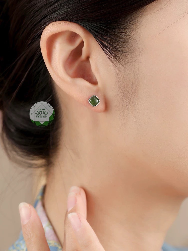 Bông Tai Nụ Vuông Ngọc Bích Nephrite • ✨ Bạc Si Vàng Trắng • Trang Sức Phong Thủy Tài Lộc, Bình An