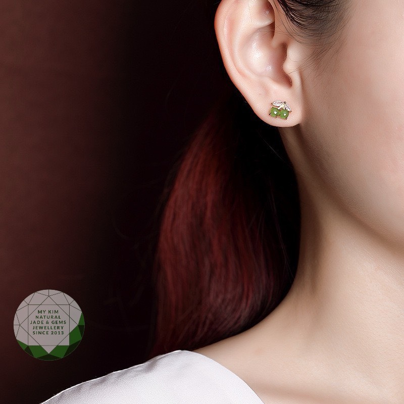 Bông Tai Cherry Ngọc Bích Nephrite - Bạc si vàng trắng