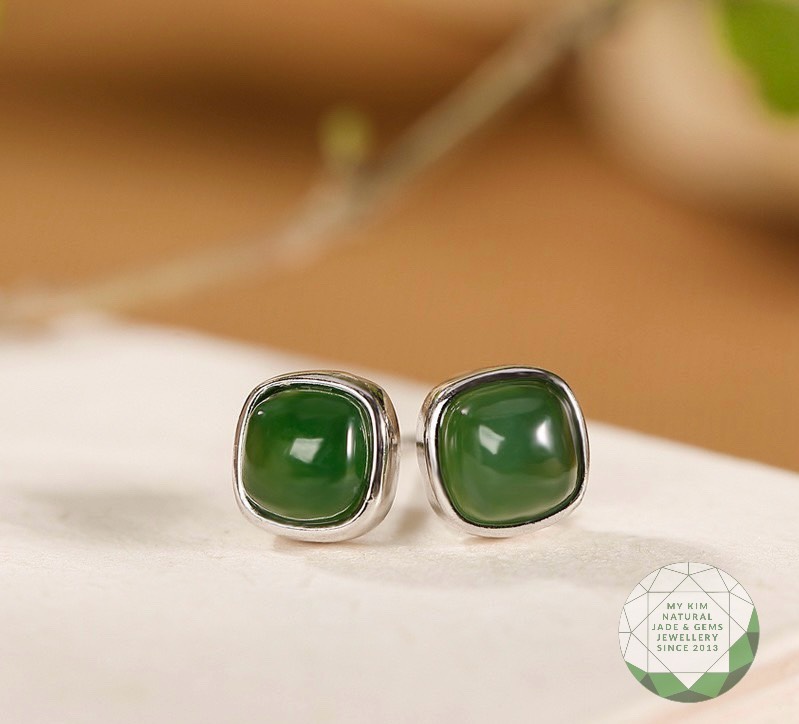 Bông Tai Nụ Vuông Ngọc Bích Nephrite - Bạc si vàng trắng