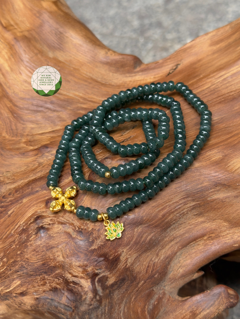 💎 Vòng Lam Ngọc Phỉ Thúy Bánh Xe Hạt Dẹt Jadeite VIP Mix Charm Kim Cang & Hoa Sen Pháp Lam Vàng | Trang Sức Phong Thủy Tinh Tế