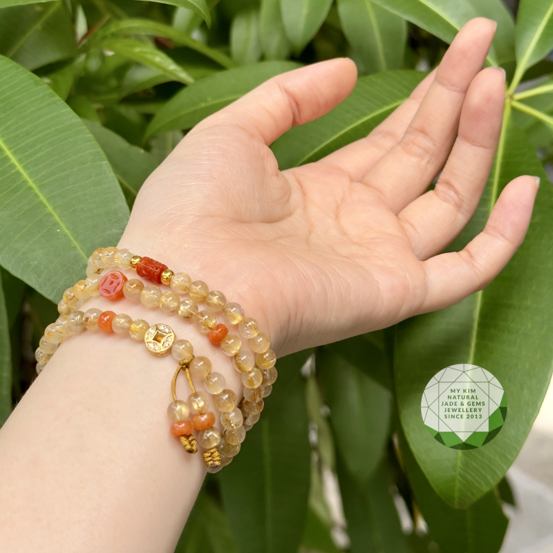 🌟 Vòng Thạch Anh Tóc Vàng mix Ngọc Phỉ Thúy Cam – Lu Thống & Kim Tiền • Phụ Kiện Vàng 10k