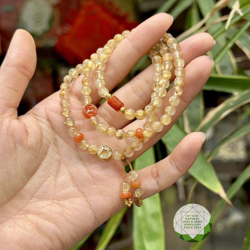 🌟 Vòng Thạch Anh Tóc Vàng mix Ngọc Phỉ Thúy Cam – Lu Thống & Kim Tiền • Phụ Kiện Vàng 10k