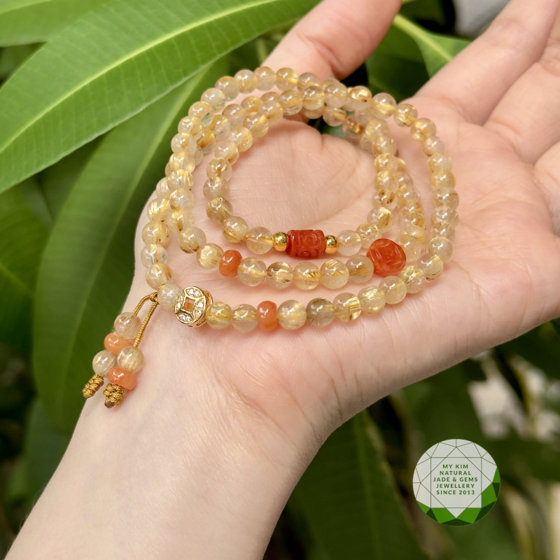 🌟 Vòng Thạch Anh Tóc Vàng mix Ngọc Phỉ Thúy Cam – Lu Thống & Kim Tiền • Phụ Kiện Vàng 10k
