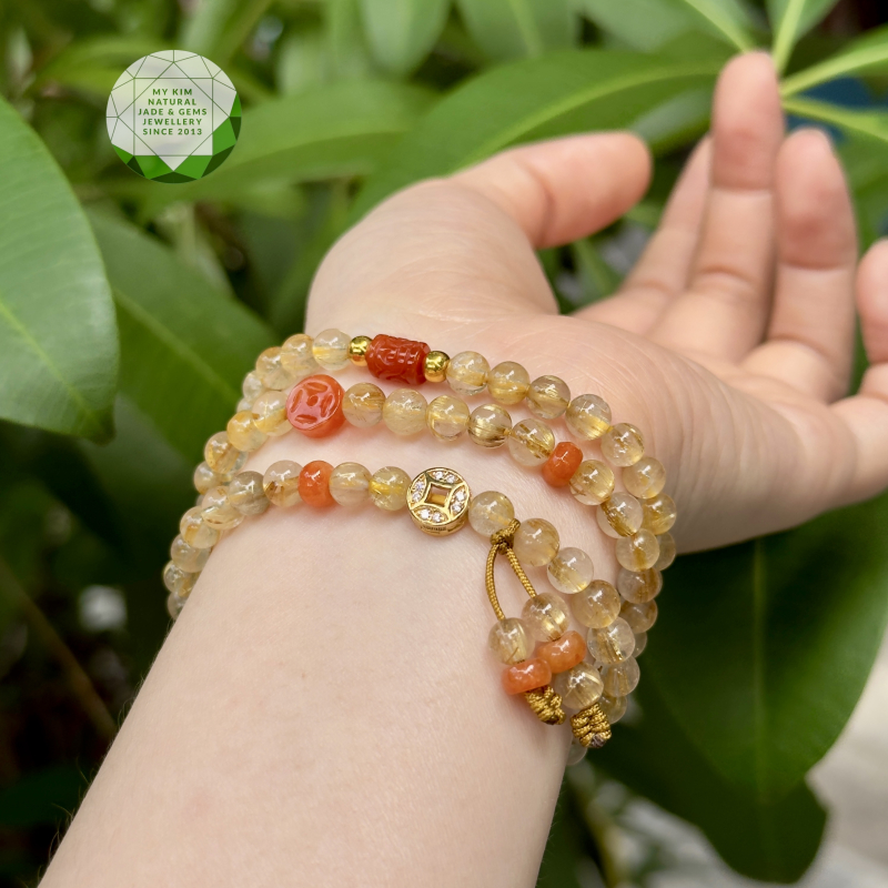 🌟 Vòng Thạch Anh Tóc Vàng mix Ngọc Phỉ Thúy Cam – Lu Thống & Kim Tiền • Phụ Kiện Vàng 10k