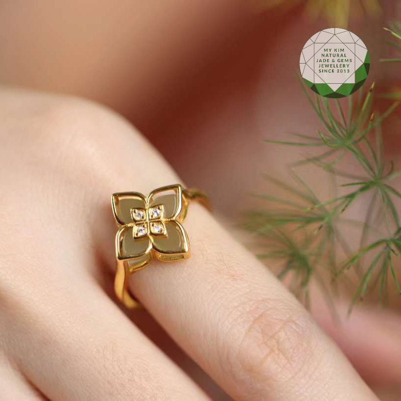 Nhẫn Cỏ Bốn Lá Ngọc Hòa Điền - Bạc si vàng cao cấp